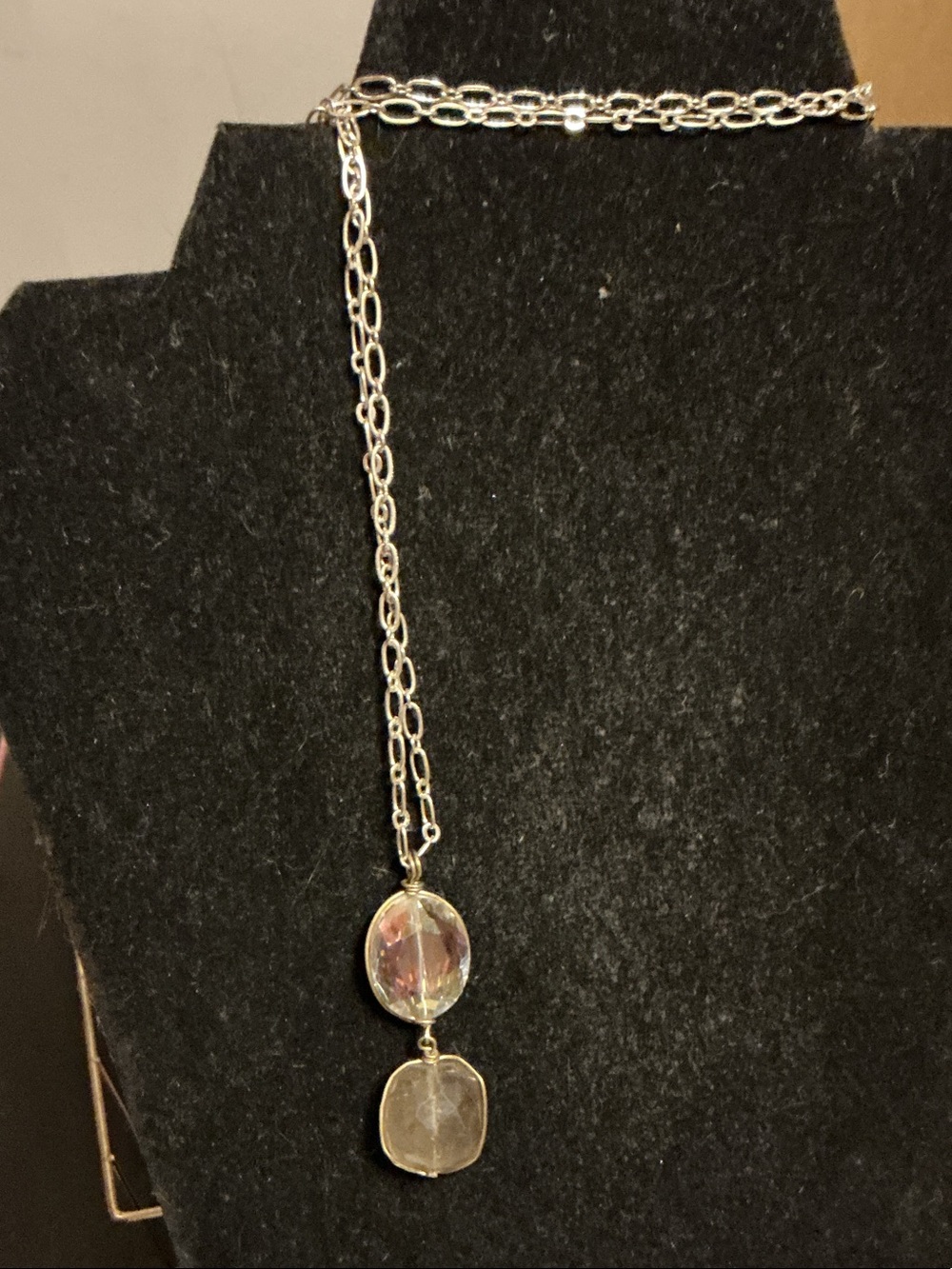 Silver Chain Necklace with Pale Faceted Pendant by Makaro